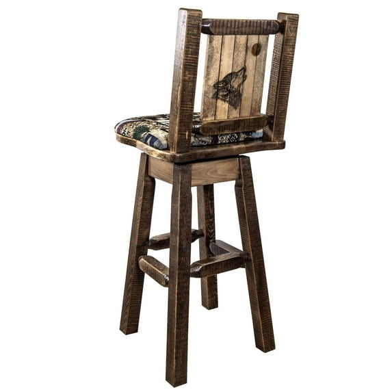 Homestead Collection Barstool w/ Back & Swivel, Woodland Pattern Upholstery w/ Laser Engraved Wolf Design