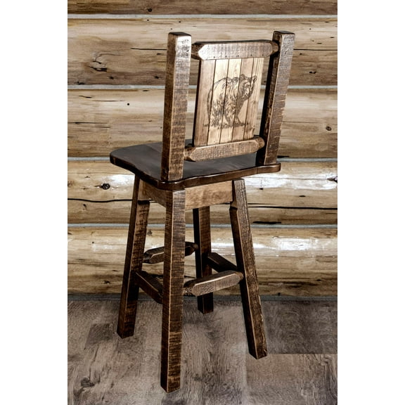 Homestead Collection Barstool w/ Back & Swivel w/ Laser Engraved Bear Design, Stain & Lacquer Finish