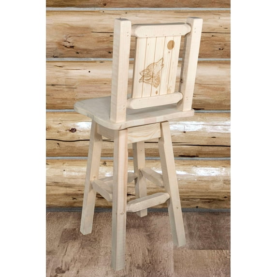 Homestead Collection Barstool w/ Back & Swivel w/ Laser Engraved Wolf Design, Clear Lacquer Finish