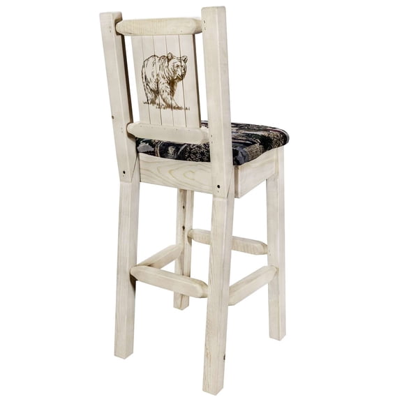 Homestead Collection Barstool w/ Back - Woodland Upholstery, w/ Laser Engraved Bear Design, Ready to Finish