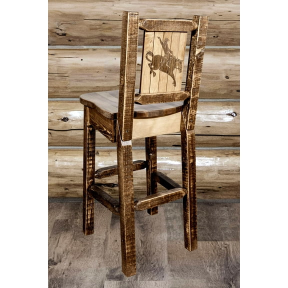 Homestead Collection Barstool w/ Back, w/ Laser Engraved Bronc Design, Stain & Lacquer Finish