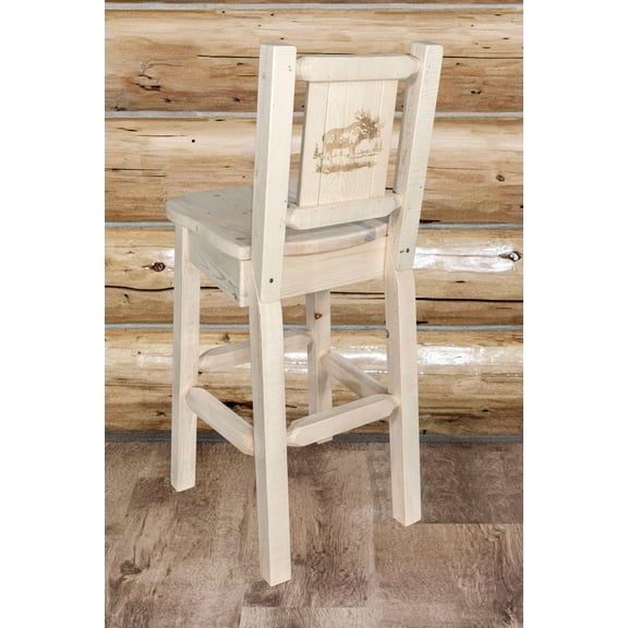 Homestead Collection Barstool w/ Back w/ Laser Engraved Moose Design, Clear Lacquer Finish