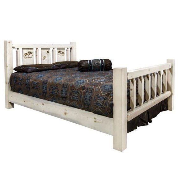 Homestead Collection California King Size Bed with Laser Engraved Moose Design, Clear Lacquer Finish