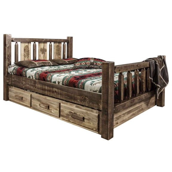 Homestead Collection California King Storage Bed w/ Laser Engraved Pine Design, Stain & Clear Lacquer Finish