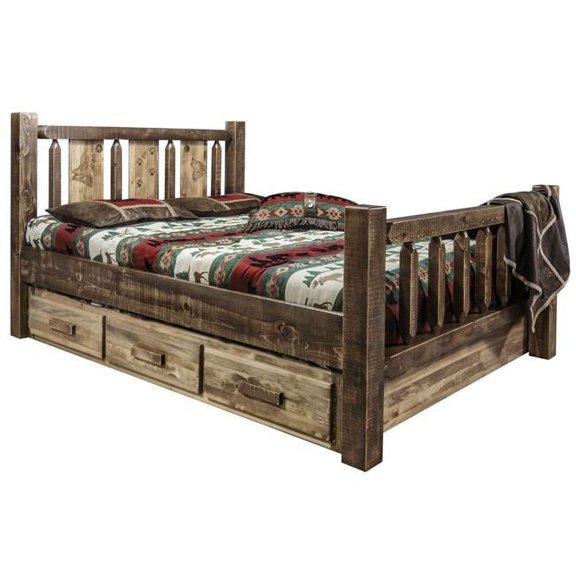 Homestead Collection California Storage Bed with Laser Engraved Wolf Design, Stain & Clear Lacquer Finish - King Size