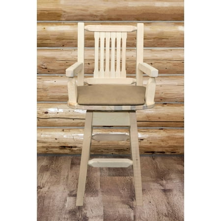 Homestead Collection Captain's Barstool w/ Back & Swivel, Clear Lacquer Finish w/ Upholstered Seat, Buckskin Pattern