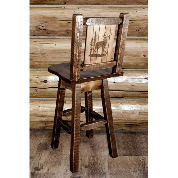 Homestead Collection Counter Height Barstool w/ Back & Swivel w/ Laser Engraved Elk Design, Stain & Lacquer Finish