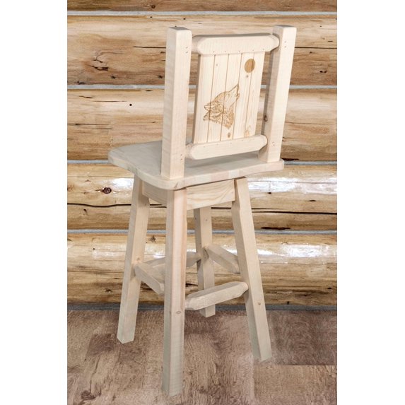 Homestead Collection Counter Height Barstool w/ Back & Swivel w/ Laser Engraved Wolf Design, Ready to Finish