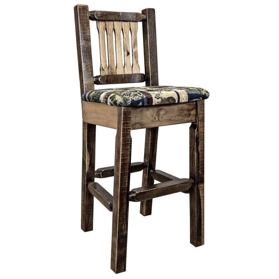 Homestead Collection Counter Height Barstool w/ Back - Woodland Upholstery, Stain & Lacquer Finish