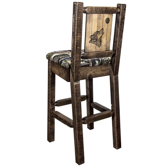 Homestead Collection Counter Height Barstool w/ Back - Woodland Upholstery, w/ Laser Engraved Wolf Design