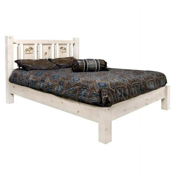 Homestead Collection Full Size Platform Bed with Laser Engraved Moose Design, Ready to Finish