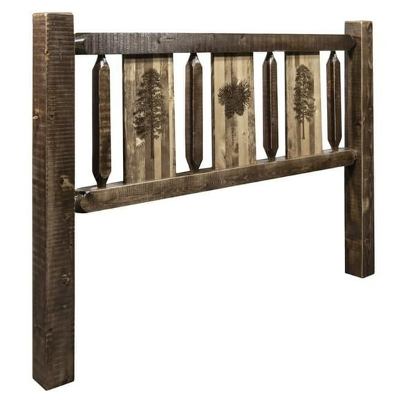 Homestead Collection Headboard with Laser Engraved Pine Design, Stain & Clear Lacquer Finish - Queen Size