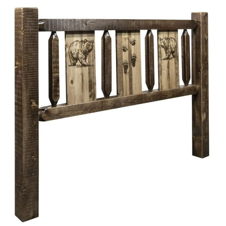 Homestead Collection King Headboard w/ Laser Engraved Bear Design, Stain & Clear Lacquer Finish
