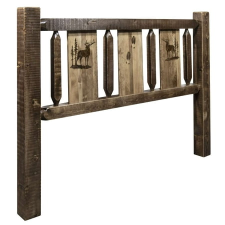 Homestead Collection King Headboard w/ Laser Engraved Elk Design, Stain & Clear Lacquer Finish