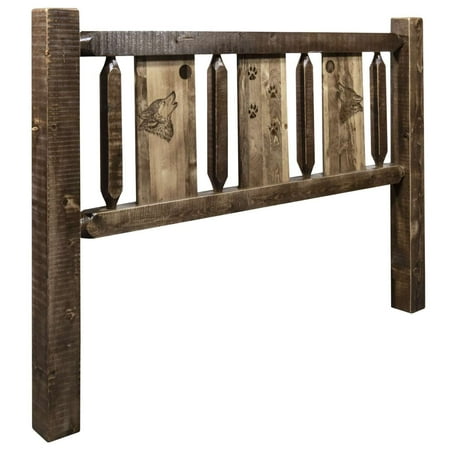 Homestead Collection King Headboard w/ Laser Engraved Wolf Design, Stain & Clear Lacquer Finish