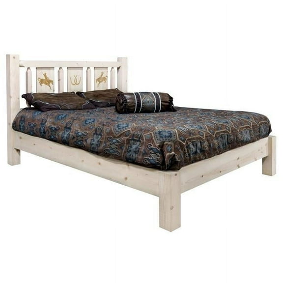 Homestead Collection King Size Platform Bed with Laser Engraved Bronc Design, Clear Lacquer Finish