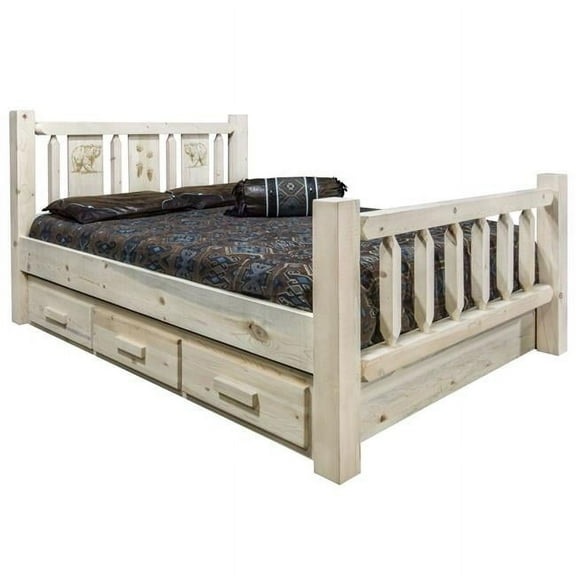 Homestead Collection King Size Storage Bed with Laser Engraved Bear Design, Clear Lacquer Finish