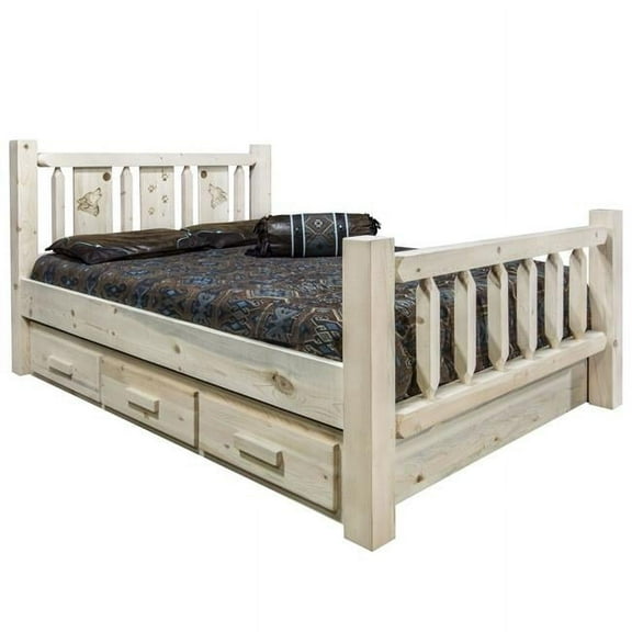 Homestead Collection King Size Storage Bed with Laser Engraved Wolf Design, Clear Lacquer Finish