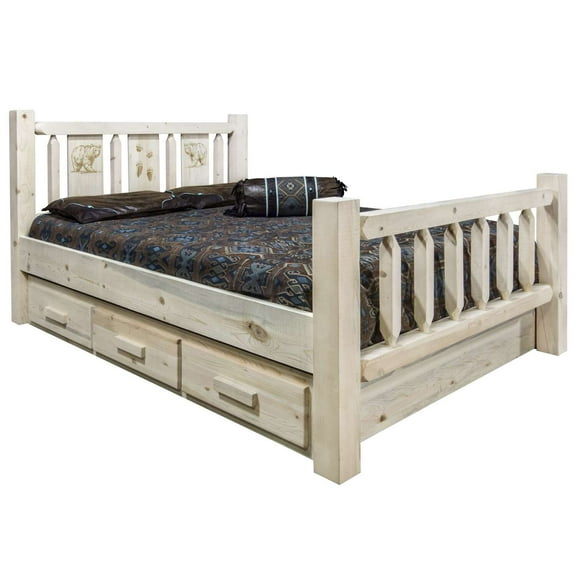Homestead Collection King Storage Bed w/ Laser Engraved Bear Design, Clear Lacquer Finish