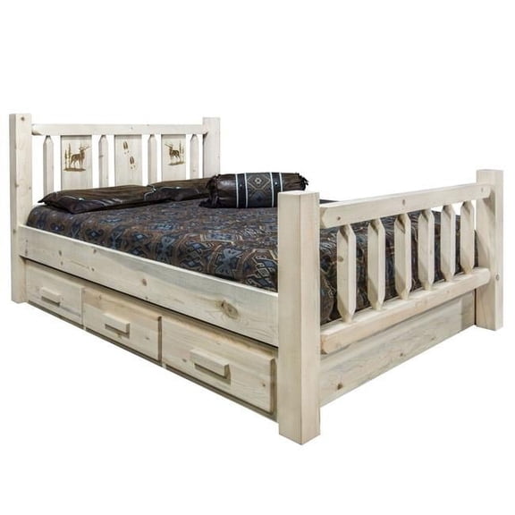 Homestead Collection King Storage Bed w/ Laser Engraved Elk Design, Ready to Finish