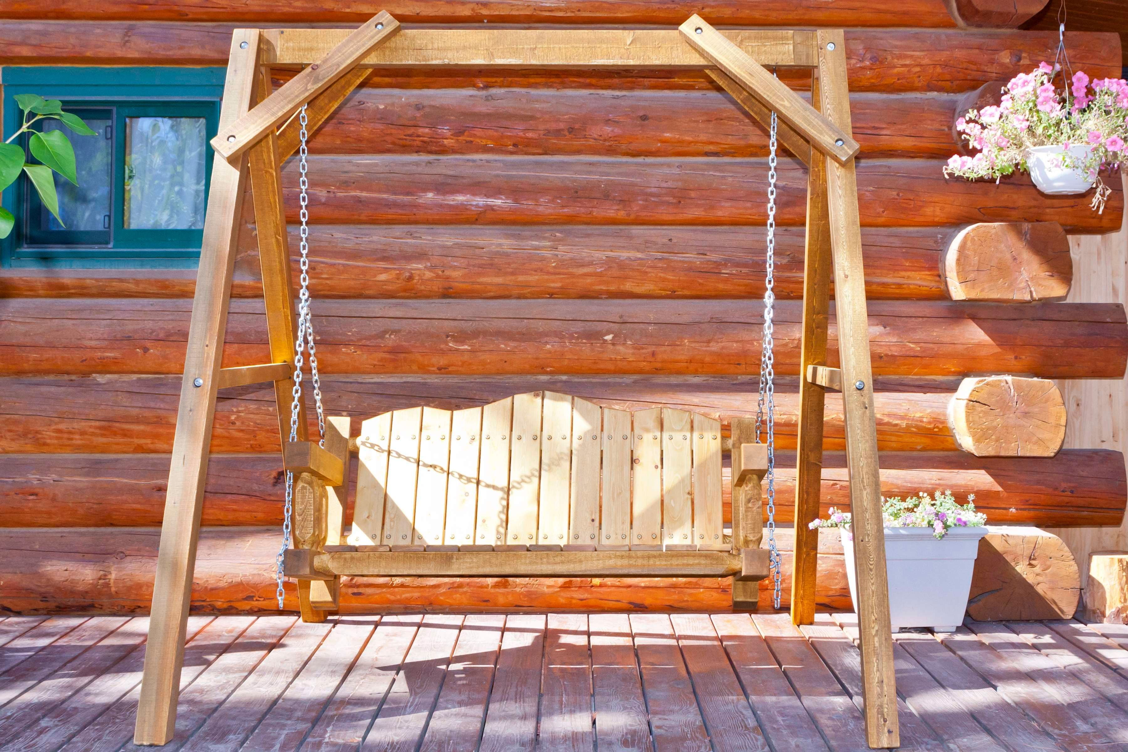 Rustic Brown Solid Wood Lawn Swing with A Frame
