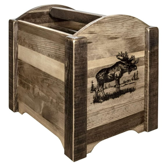 Homestead Collection Magazine Rack w/ Laser Engraved Moose Design, Stain & Clear Lacquer Finish