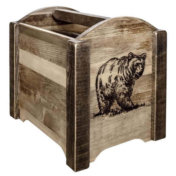 Homestead Collection Magazine Rack with Laser Engraved Bear Design, Stain & Clear Lacquer Finish