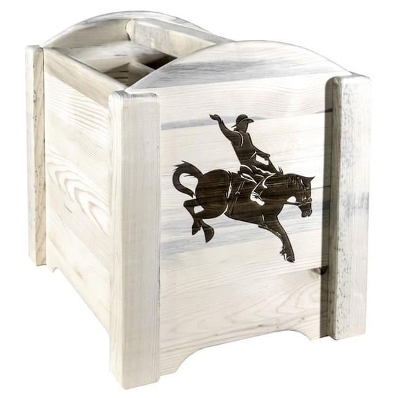 Homestead Collection Magazine Rack with Laser Engraved Bronc Design, Clear Lacquer Finish
