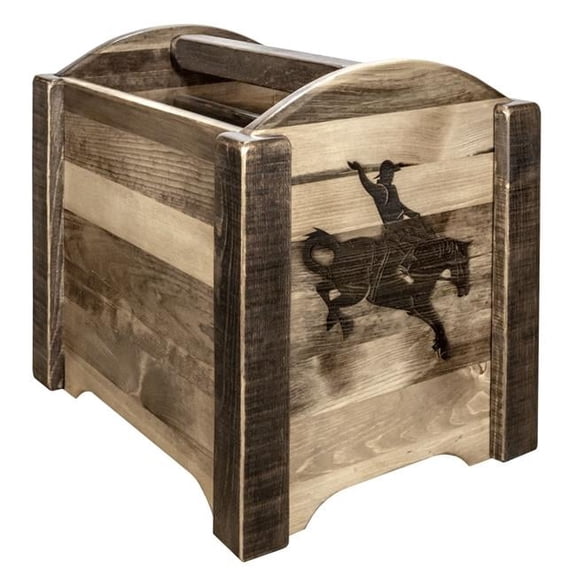 Homestead Collection Magazine Rack with Laser Engraved Bronc Design, Stain & Clear Lacquer Finish