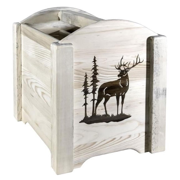 Homestead Collection Magazine Rack with Laser Engraved Elk Design, Clear Lacquer Finish