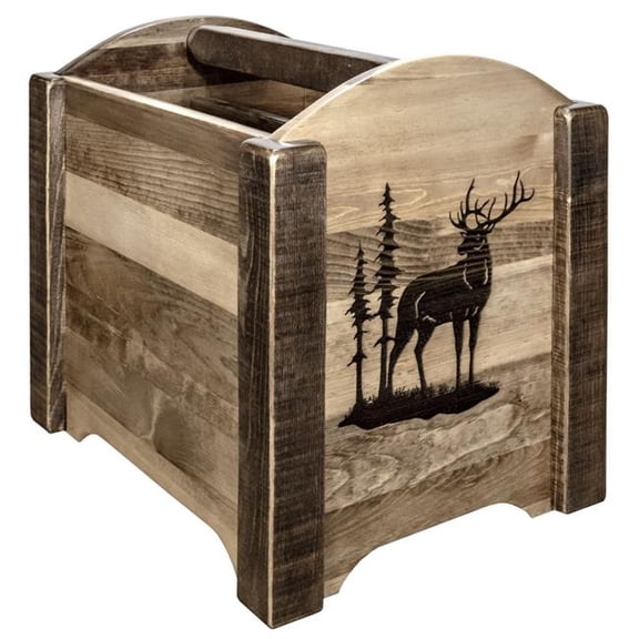 Homestead Collection Magazine Rack with Laser Engraved Elk Design, Stain & Clear Lacquer Finish