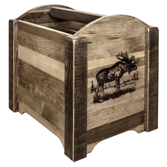 Homestead Collection Magazine Rack with Laser Engraved Moose Design, Stain & Clear Lacquer Finish