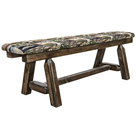 Homestead Collection Plank Style Bench, Stain & Clear Lacquer Finish, 5 Foot w/ Woodland Upholstery