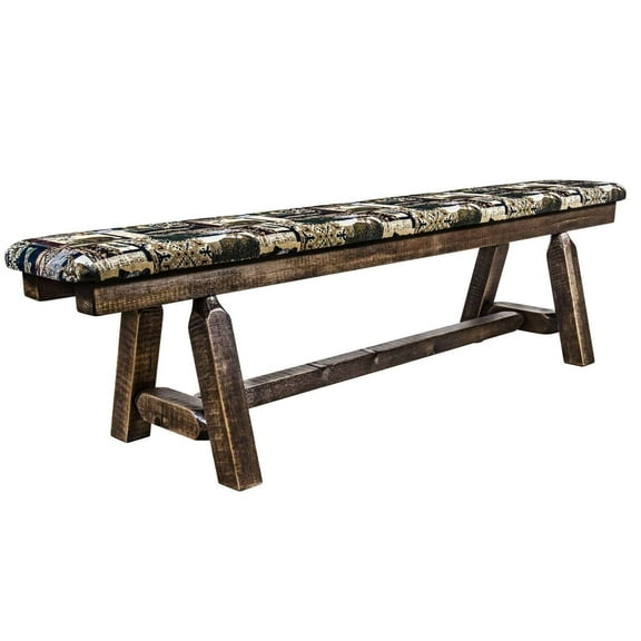 Homestead Collection Plank Style Bench, Stain & Clear Lacquer Finish, 6 Foot w/ Woodland Upholstery