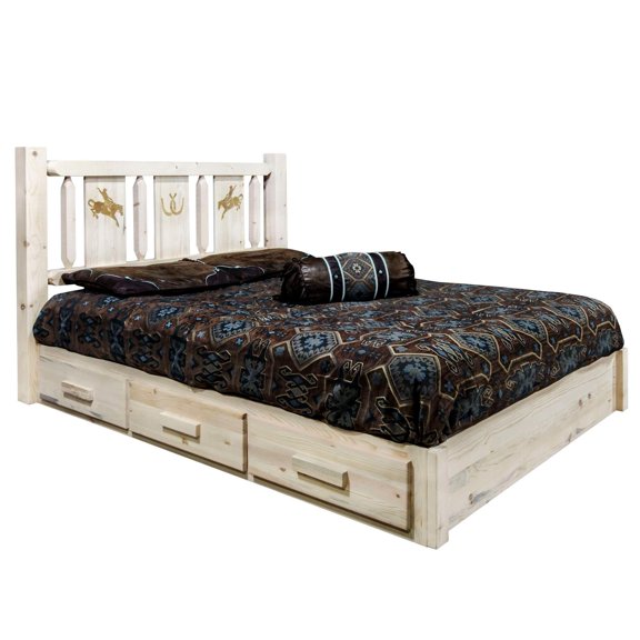 Homestead Collection Platform Bed w/ Storage, California King w/ Laser Engraved Bronc Design, Clear Lacquer Finish