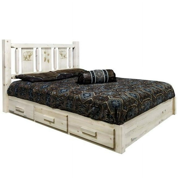 Homestead Collection Platform Bed w/ Storage, King w/ Laser Engraved Bear Design, Ready to Finish