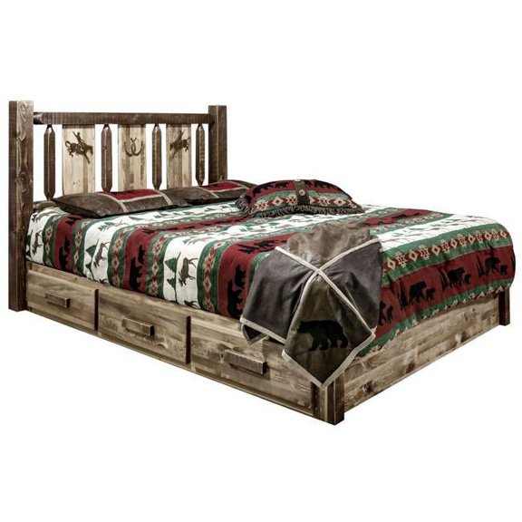 Homestead Collection Platform Bed w/ Storage, King w/ Laser Engraved Bronc Design, Stain & Clear Lacquer Finish