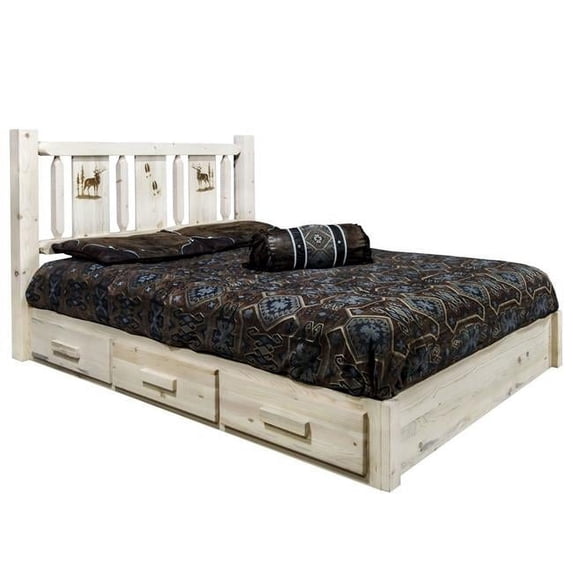 Homestead Collection Platform Bed w/ Storage, Queen w/ Laser Engraved Elk Design, Ready to Finish