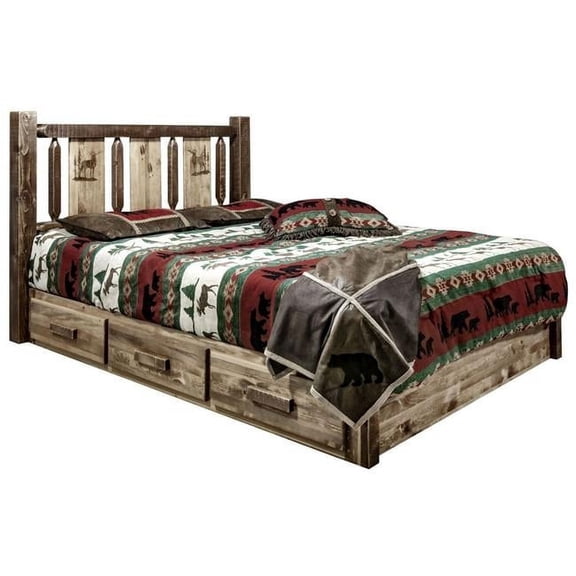 Homestead Collection Platform Bed w/ Storage, Queen w/ Laser Engraved Elk Design, Stain & Clear Lacquer Finish