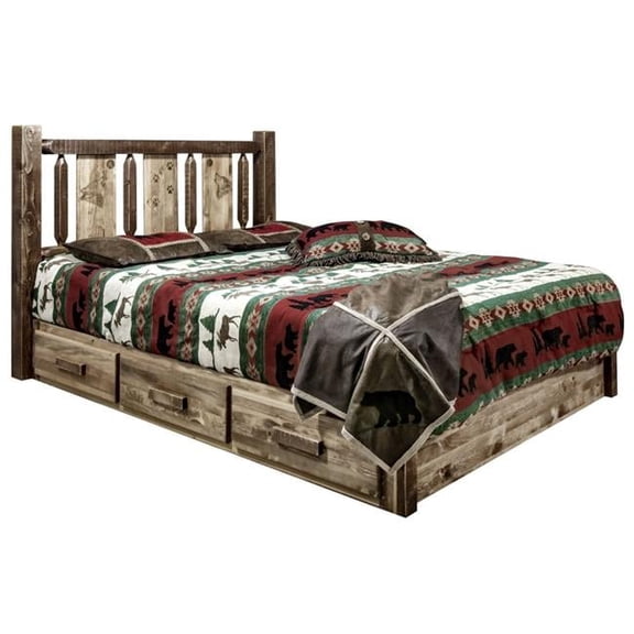 Homestead Collection Platform Bed w/ Storage, Queen w/ Laser Engraved Wolf Design, Stain & Clear Lacquer Finish