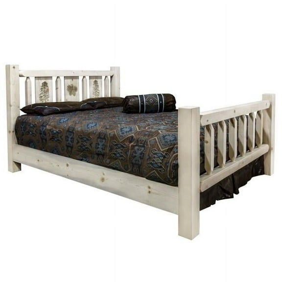 Homestead Collection Queen Bed w/ Laser Engraved Pine Tree Design, Clear Lacquer Finish