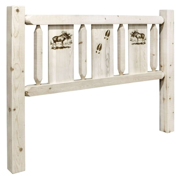 Homestead Collection Queen Headboard w/ Laser Engraved Moose Design, Clear Lacquer Finish