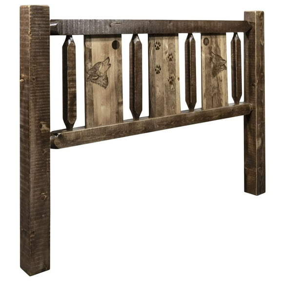 Homestead Collection Queen Headboard w/ Laser Engraved Wolf Design, Stain & Clear Lacquer Finish