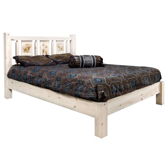 Homestead Collection Queen Platform Bed w/ Laser Engraved Bear Design, Clear Lacquer Finish