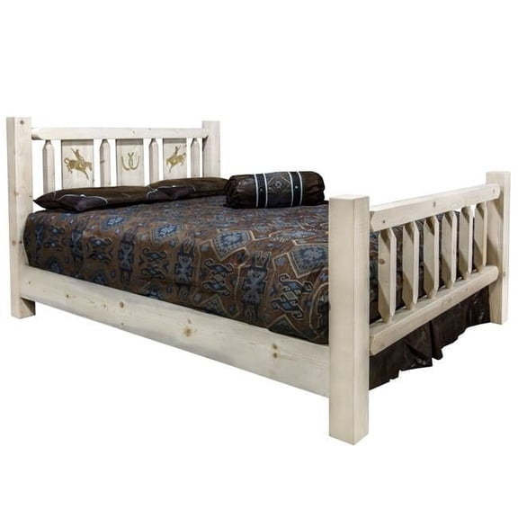 Homestead Collection Queen Size Bed with Laser Engraved Elk Design, Clear Lacquer Finish