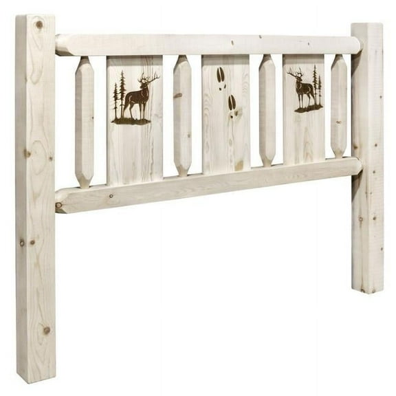 Homestead Collection Queen Size Headboard with Laser Engraved Elk Design, Clear Lacquer Finish