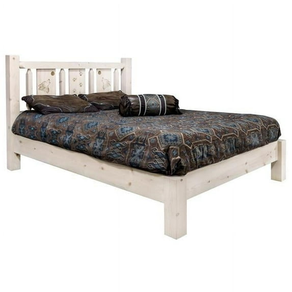 Homestead Collection Queen Size Size Platform Bed with Laser Engraved Wolf Design, Ready to Finish