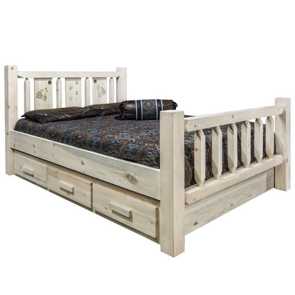 Homestead Collection Queen Storage Bed w/ Laser Engraved Wolf Design, Ready to Finish