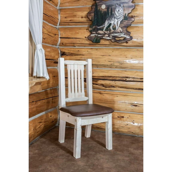 Homestead Collection Side Chair, Clear Lacquer Finish w/ Upholstered Seat, Saddle Pattern