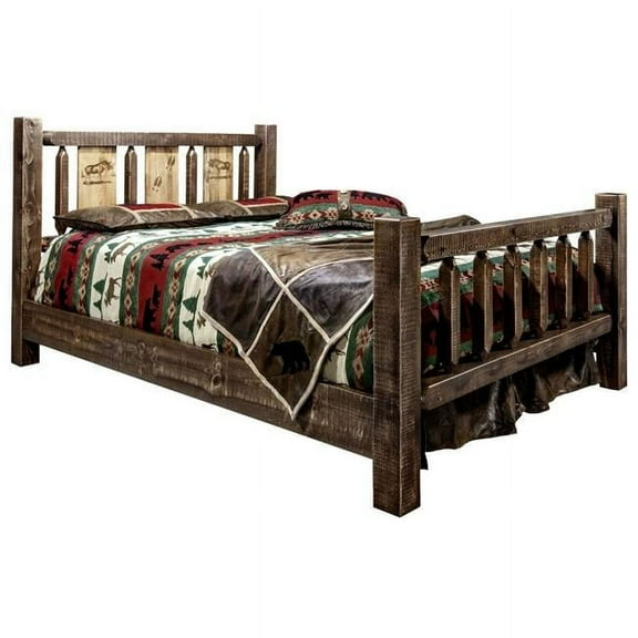 Homestead Collection Twin Bed w/ Laser Engraved Moose Design, Stain & Clear Lacquer Finish
